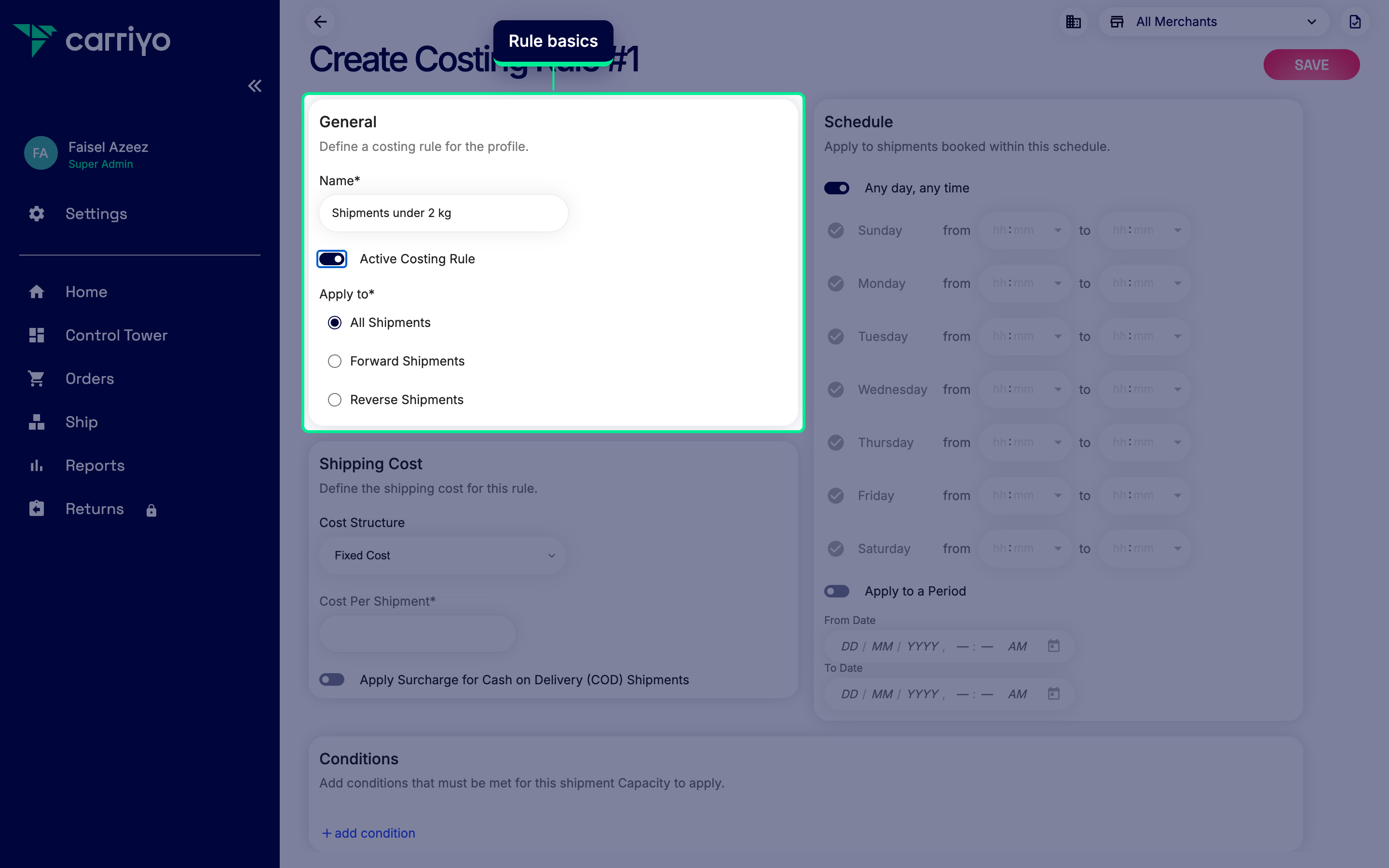 Rule form with name and apply-to fields populated
