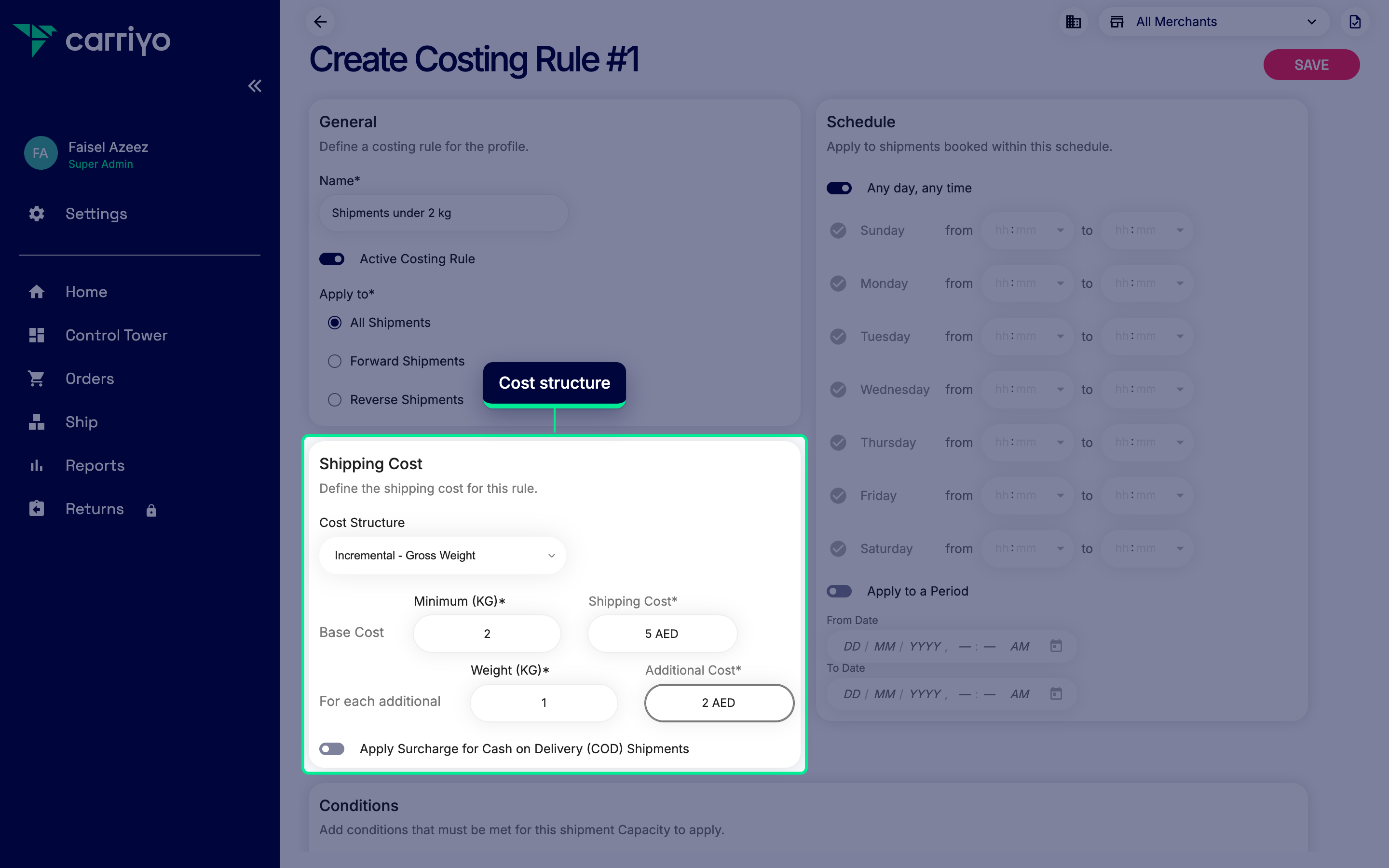Cost structure section of the rule form with Fixed Cost selected and an amount entered