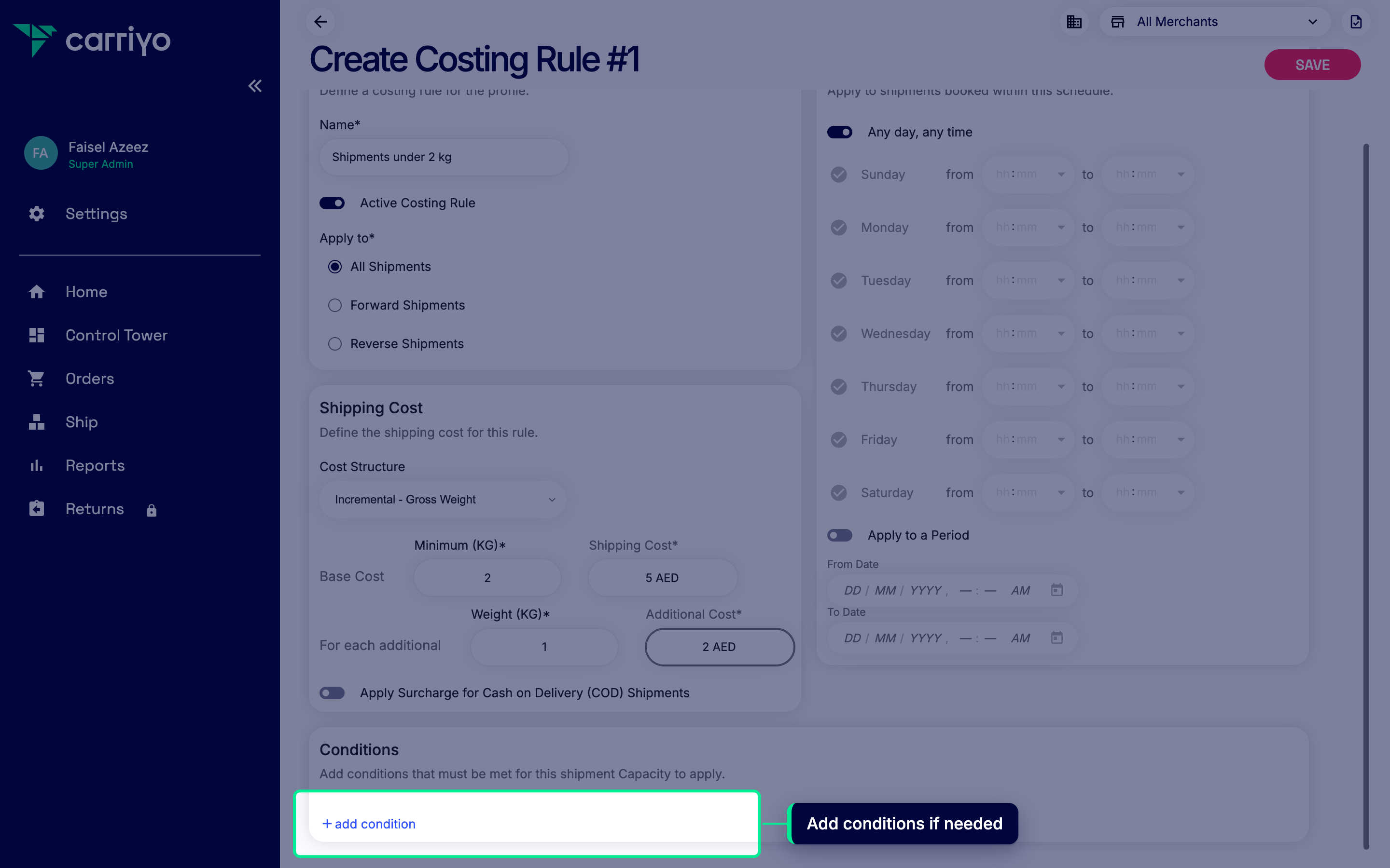 Rule form with the add condition button highlighted