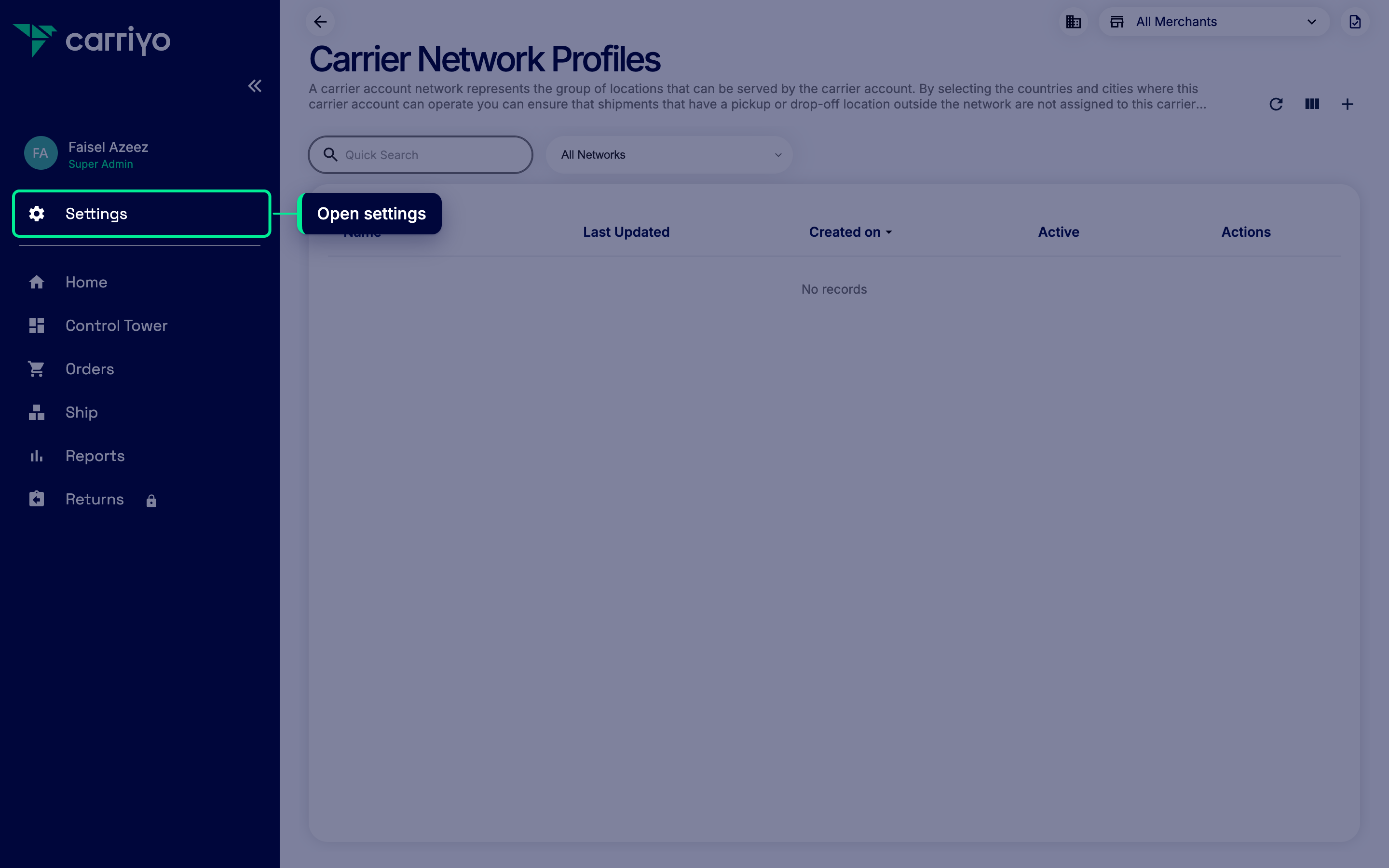 Carriyo Dashboard with the Settings link in the left sidebar highlighted