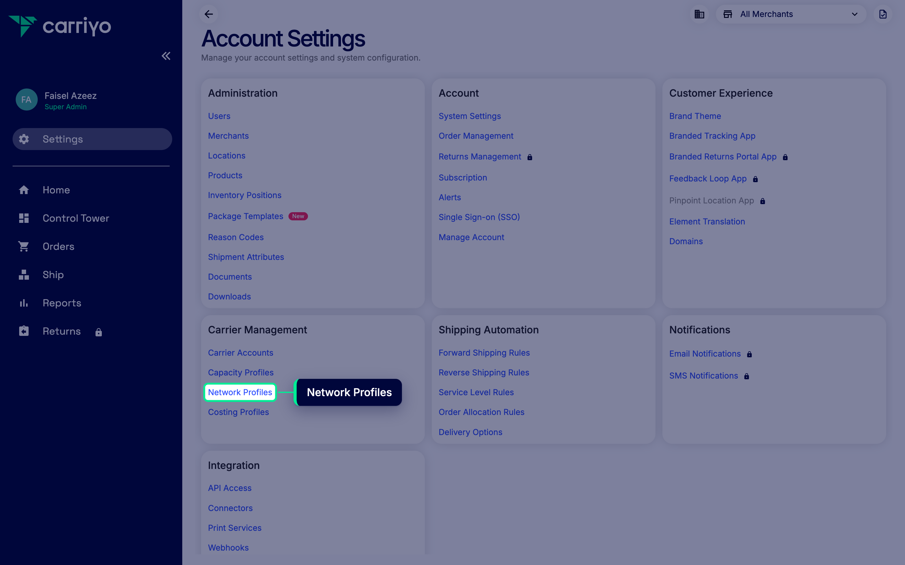 Settings submenu expanded with the Carrier Network Profiles link highlighted