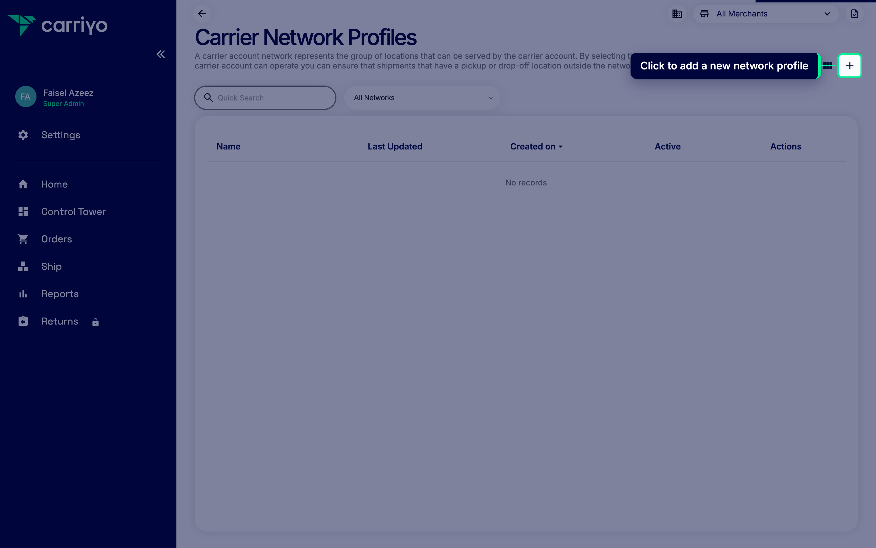 Network profiles list with the add icon highlighted