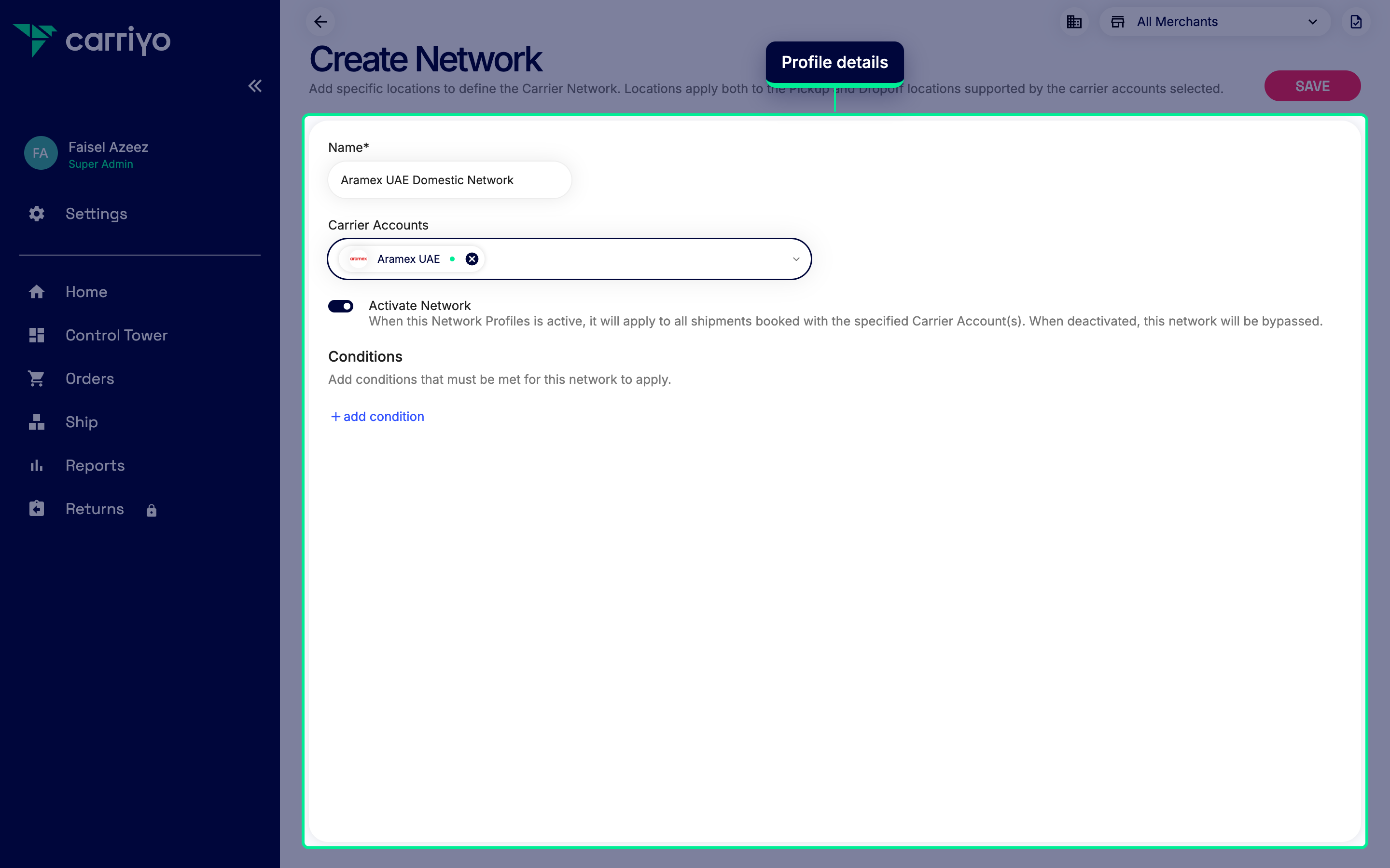 Network profile create form with the Name, Carrier Accounts, and Activate Network fields populated