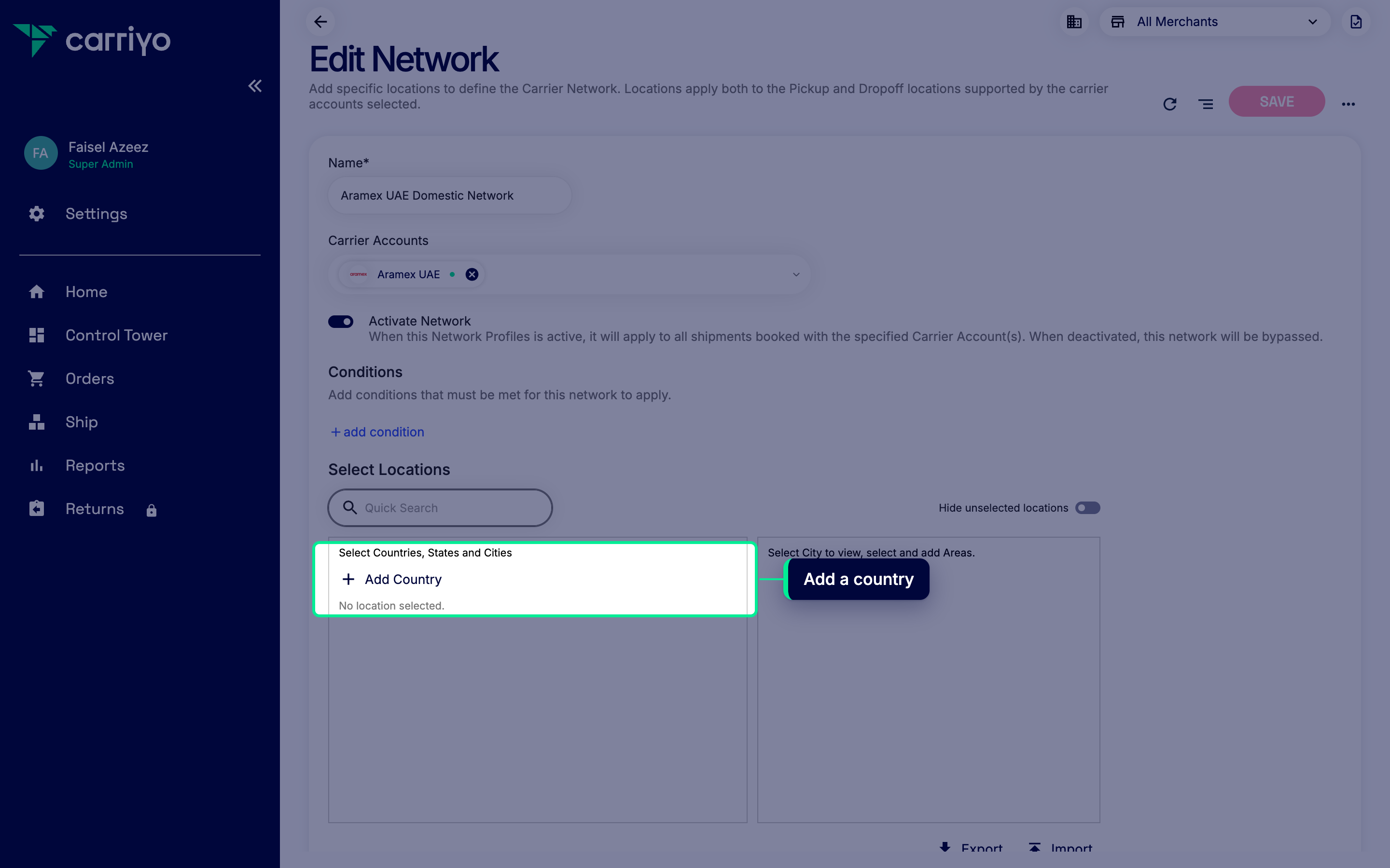 Network profile editor with the Add Country button highlighted in the Select Locations section