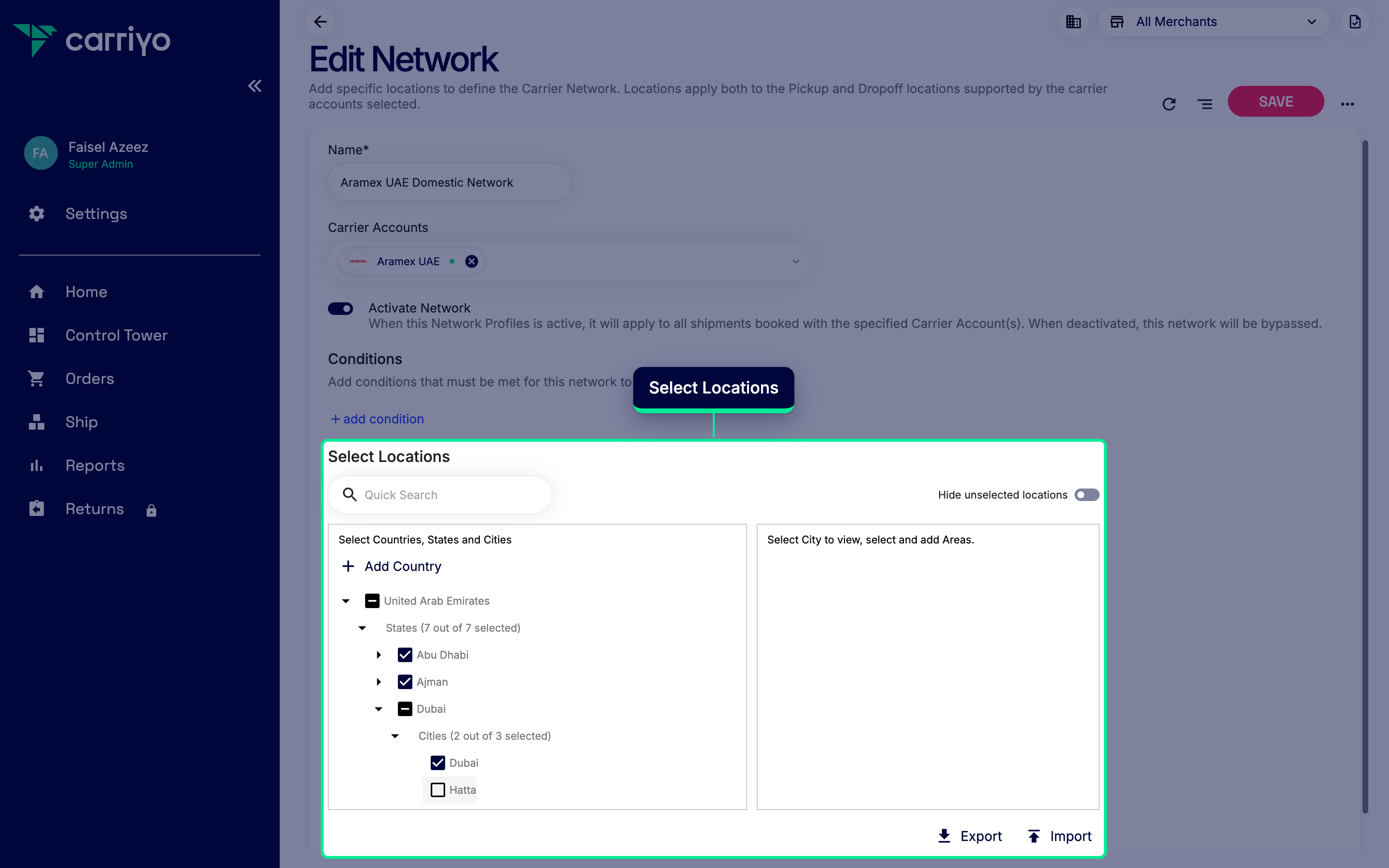 Network profile location tree with a country expanded to show selectable states and cities