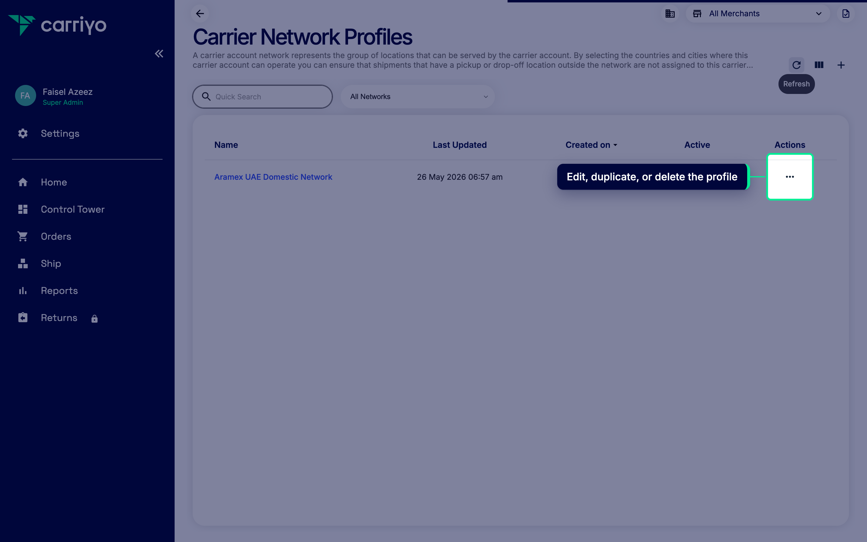 Network profiles list with the three-dot actions button highlighted on a profile row