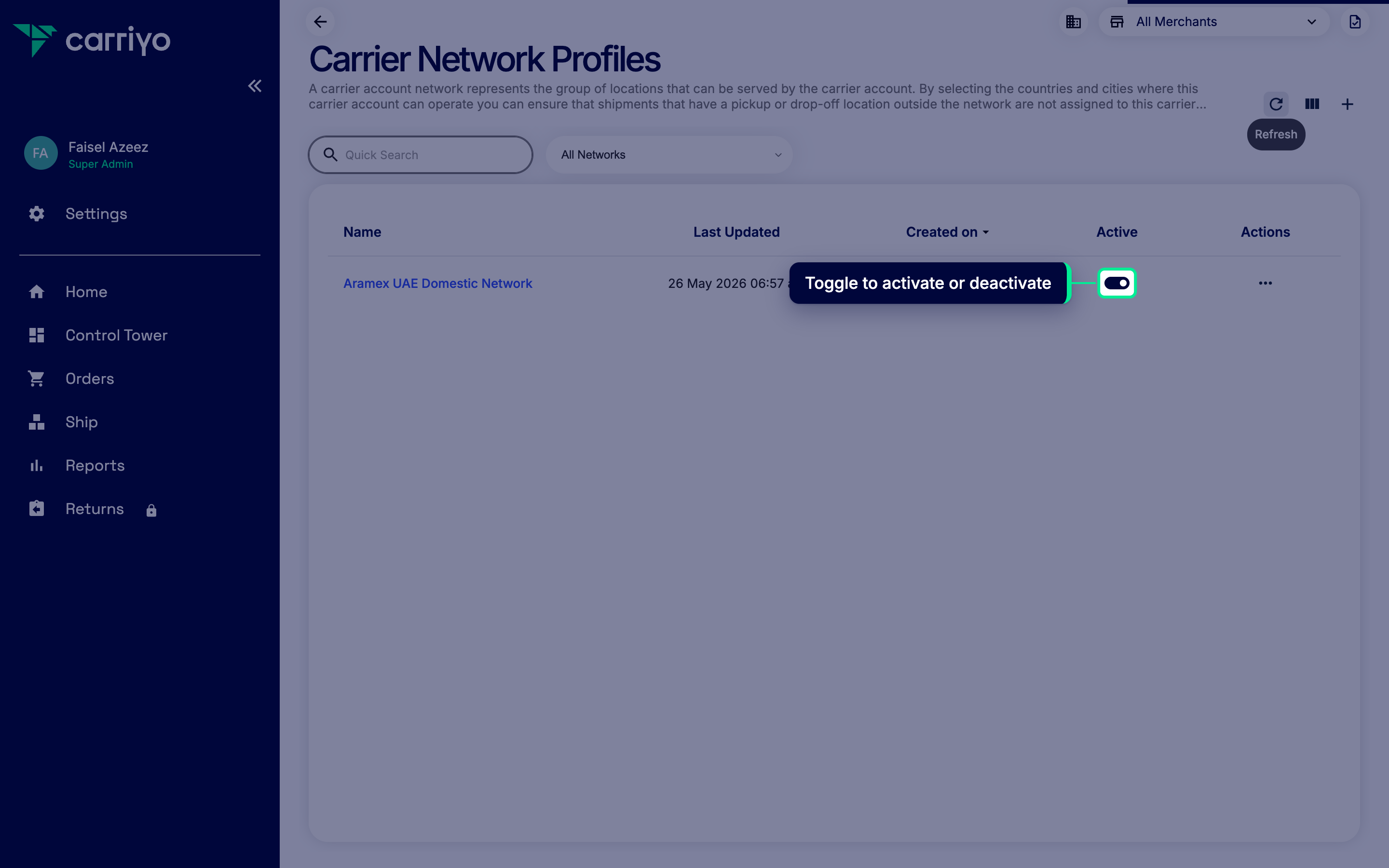 Network profiles list with the Active toggle highlighted on a profile row