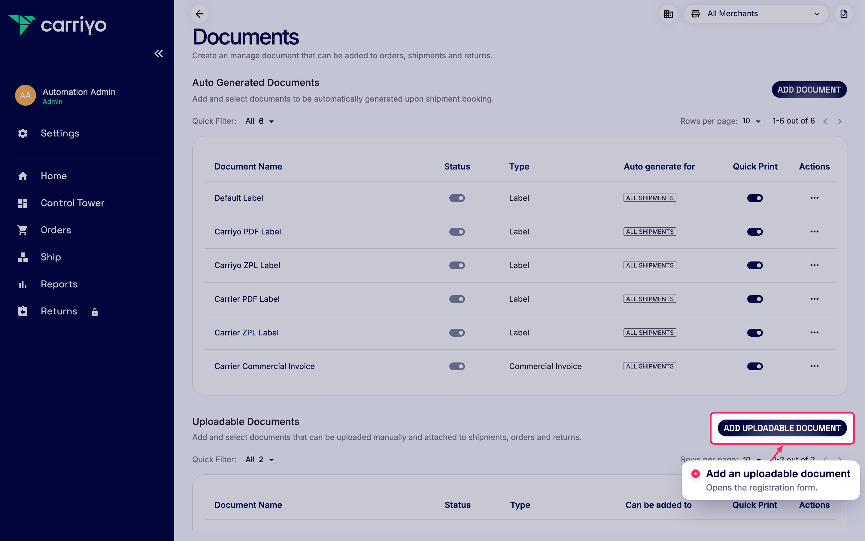 Full Documents settings page, with the Uploadable Documents section (Customs Invoice and Certificate of Origin listed) and the ADD UPLOADABLE DOCUMENT button highlighted.