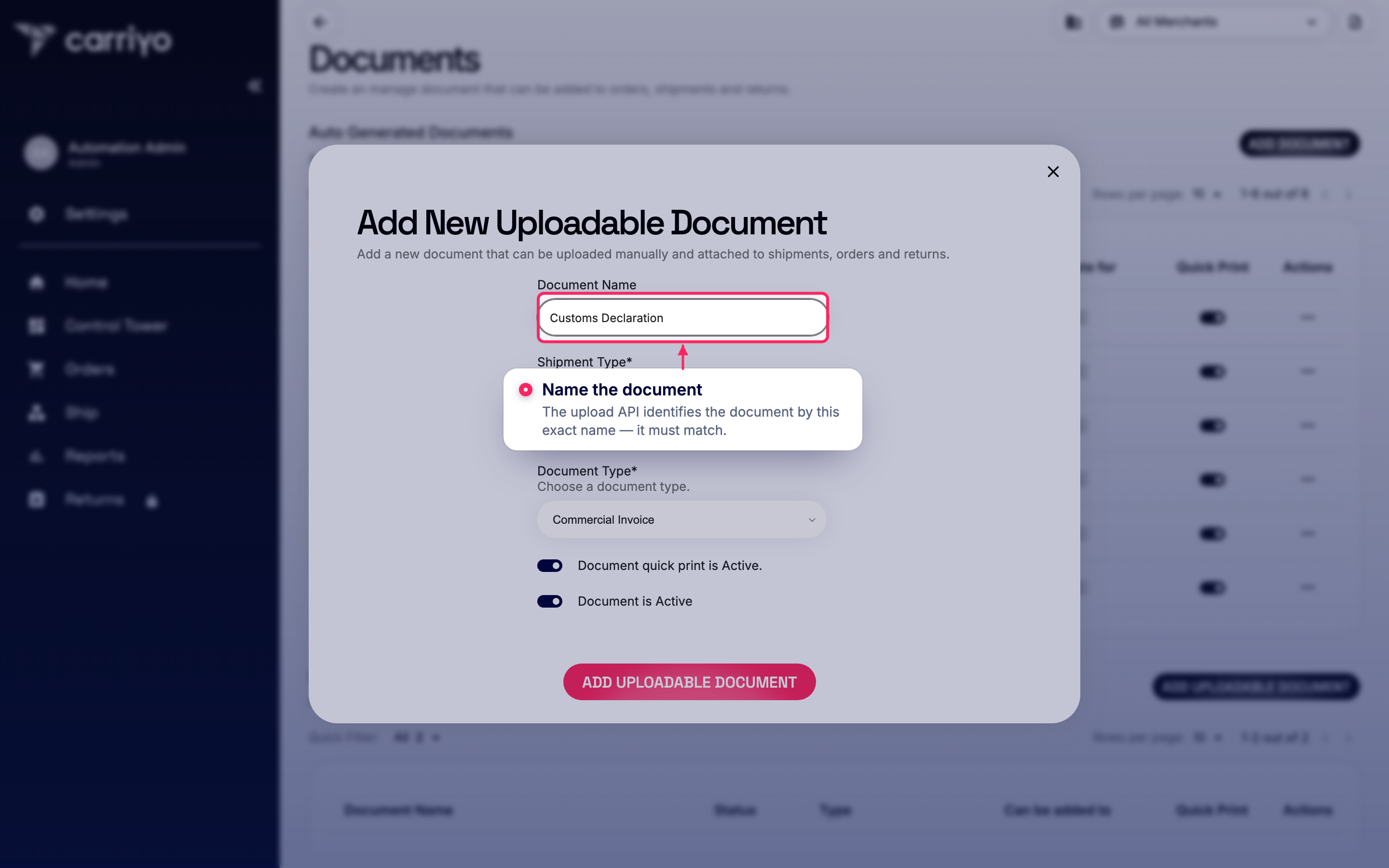 Add New Uploadable Document dialog with Document Name set to Customs Declaration, Shipment Type Forward Shipment, and Document Type Commercial Invoice, and the Document Name field highlighted.
