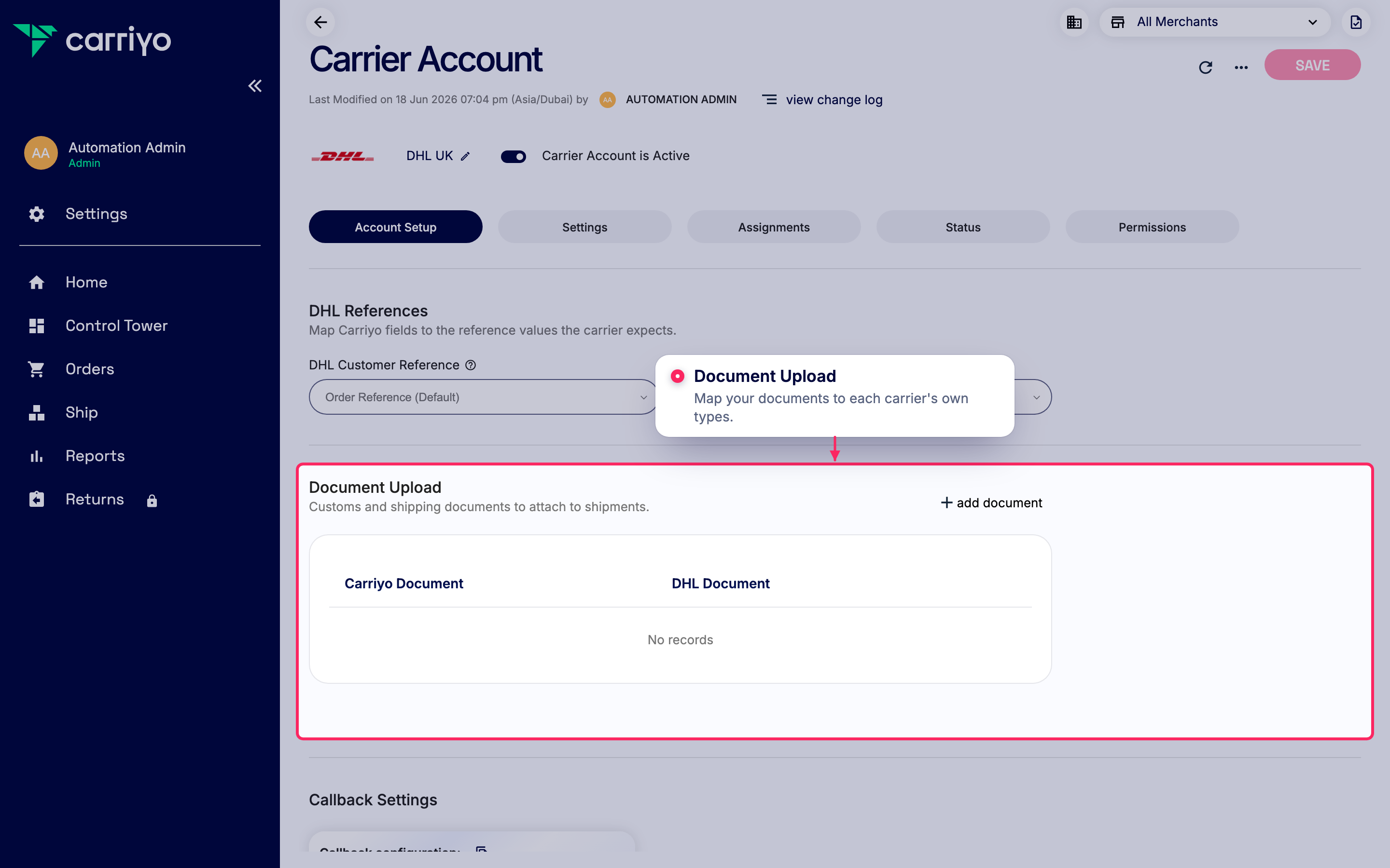 Empty Document Upload section on the DHL UK carrier account's Account Setup tab, showing the Carriyo Document and DHL Document columns, a No records state, and the Add Document button.