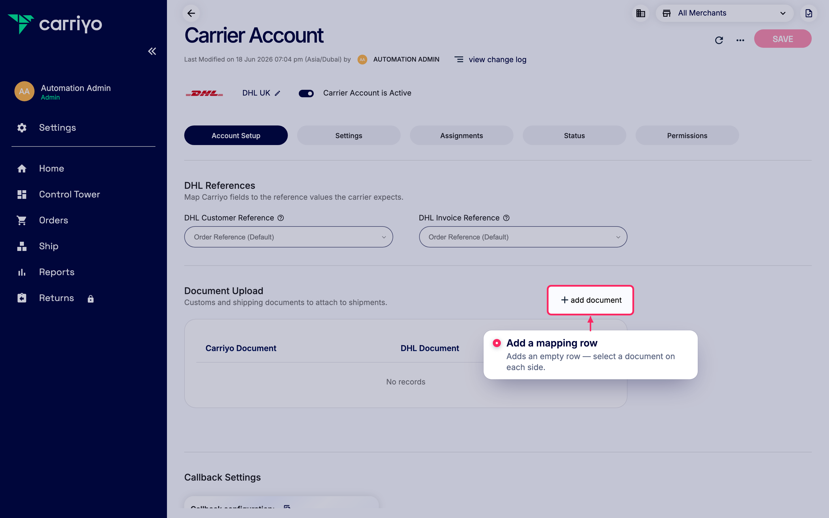 Document Upload section on the DHL UK carrier account with the Add Document button highlighted.