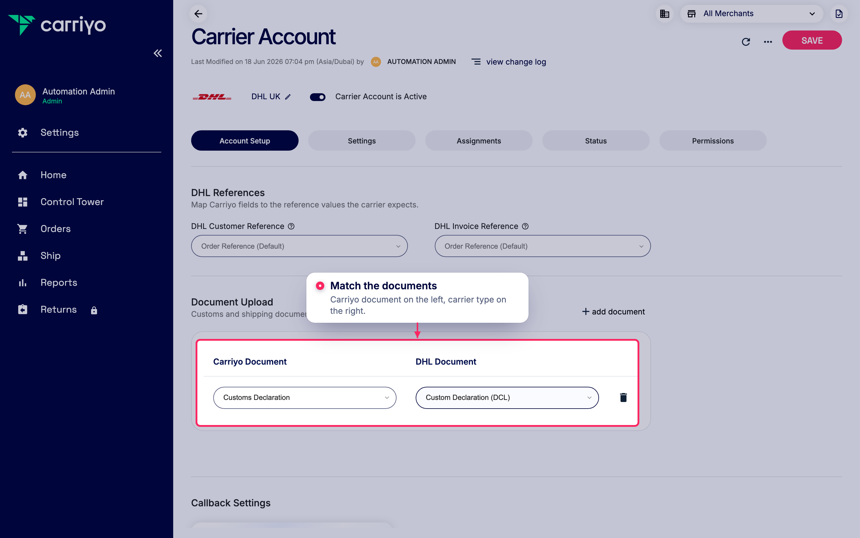 Document Upload section with the completed mapping row highlighted: Carriyo Document 'Customs Declaration' mapped to the DHL Document 'Custom Declaration (DCL)'.