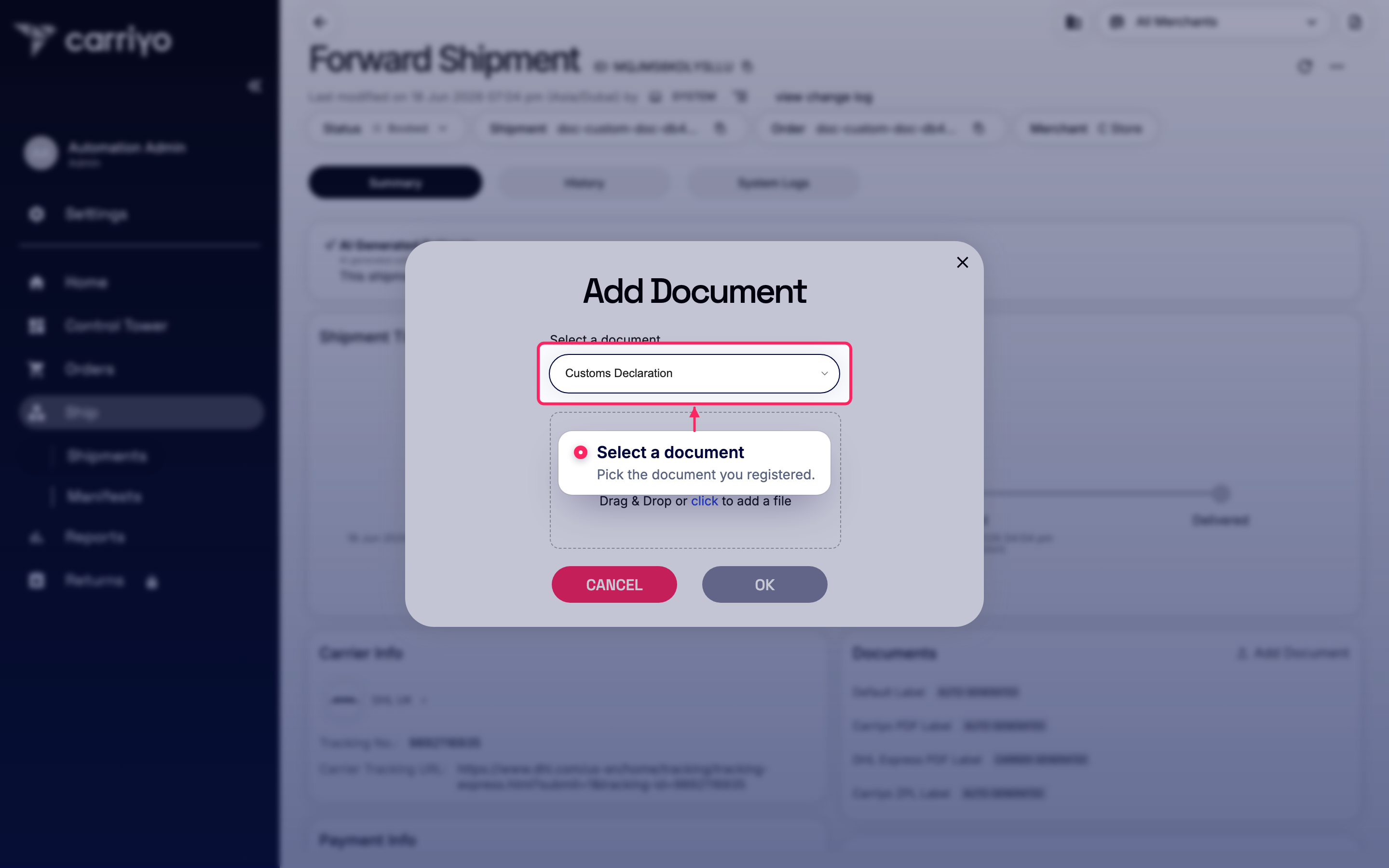 Add Document dialog on a shipment, with 'Customs Declaration' selected in the Select a document dropdown.